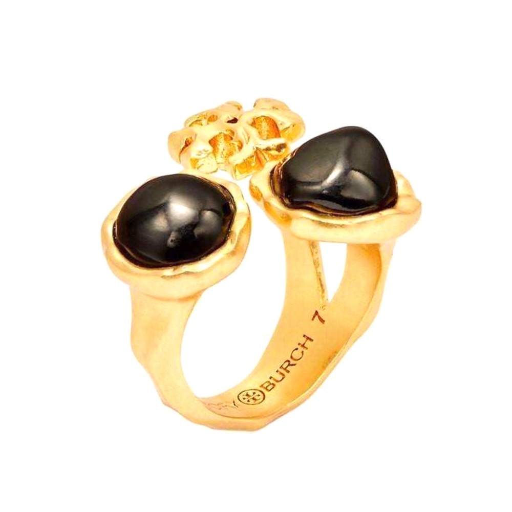 TORY BURCH • Black Roxanne Stone Logo Ring